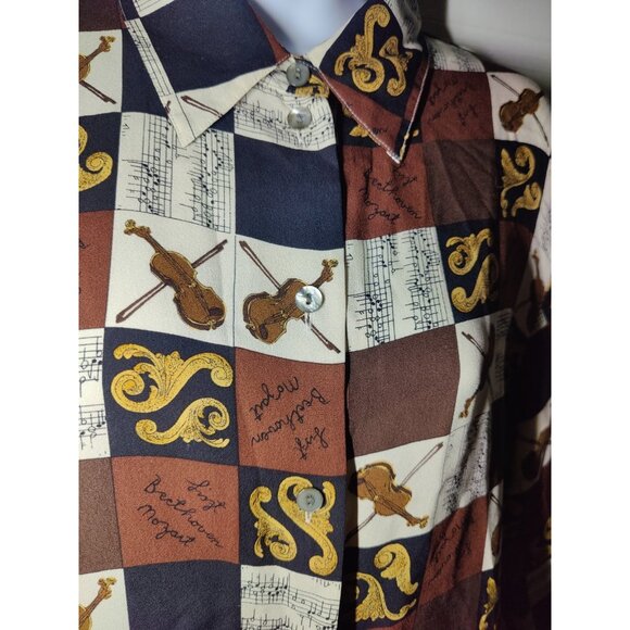 Ishyu 100% Silk Violin Music Patchwork Button Up Blouse Top 14/L - Picture 8 of 8